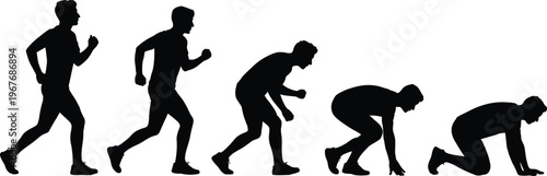 Runner silhouette sequence showing male athlete sprint start progression from standing to crouch position isolated on white background