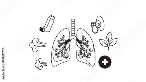 Medical Illustration of Human Respiratory System with Lungs and Breathing Devices.