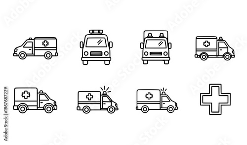 Ambulance illustration icons outline and silhouette emergency medical vehicle vector set isolated on white background