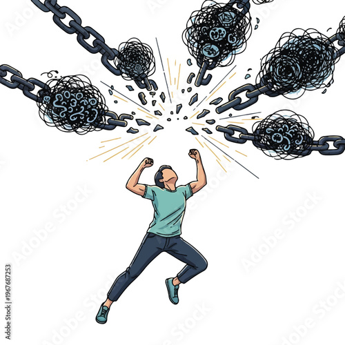 A man in a green shirt breaks free from heavy chains exploding around him with dynamic motion lines on a white background.