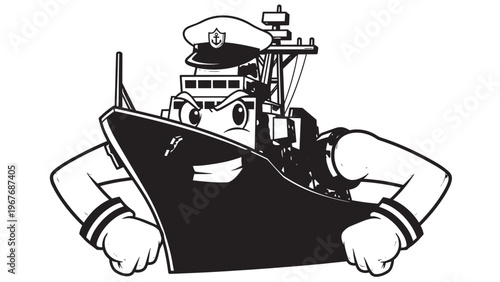 Illustration of a ship with a person wearing a sailor hat and uniform, holding a telescope, in a cartoon style.