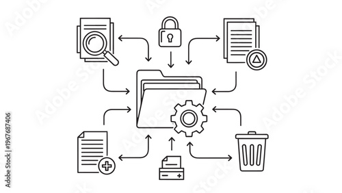 Digital Data Management System with Cloud Storage and Connectivity Icons.