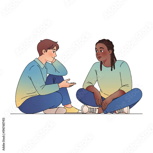Illustration of two people sitting cross-legged on the floor engaged in a conversation with a plain white background.