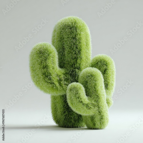 Fuzzy green cactus sitting on a plain surface, softly lit with a light background