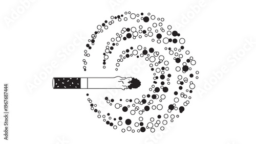 Abstract black and white spiral design composed of various sized circles and dots.