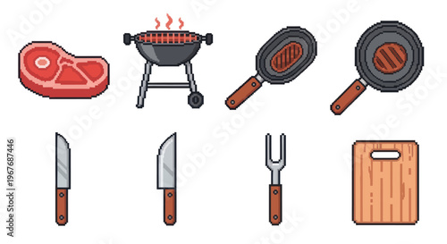 Pixel Art Barbecue Grilling Food Meat Kitchen Utensils Flat Icons