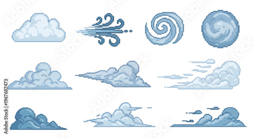 Pixel Art Clouds and Wind Icons for Weather and Climate Graphics