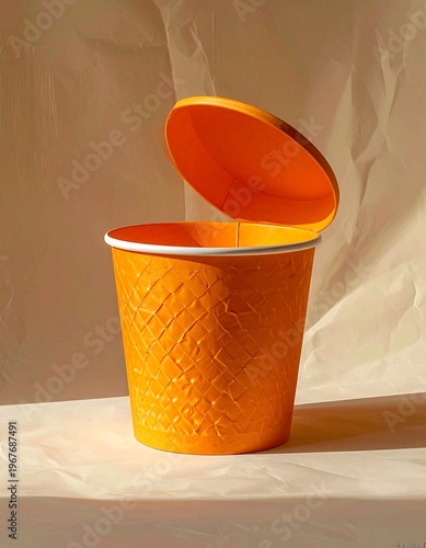 Orange waste basket with lid open, soft light, textured paper background
