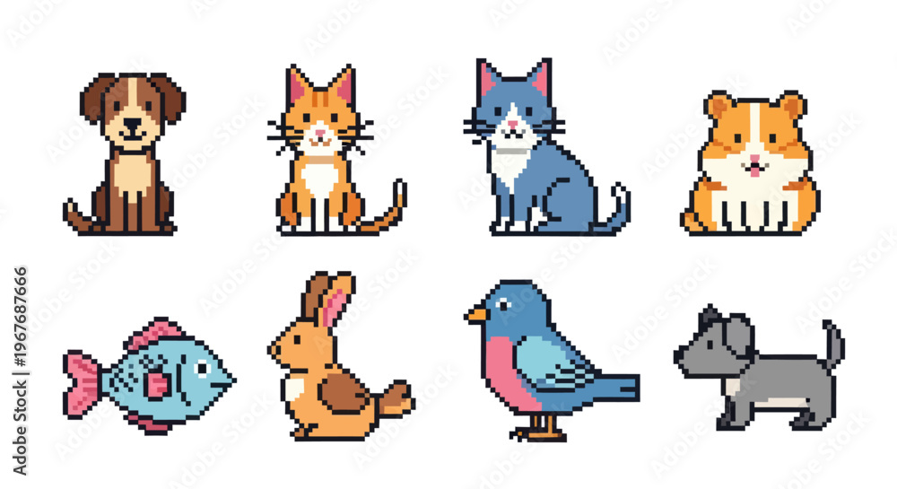 Fototapeta premium Pixel Art Cute Pets Collection: Dog, Cat, Fish, Bird, Rabbit, Hamster