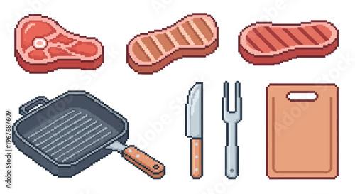 Pixel Art Steaks, Grill Pan, Knife, Fork, Cutting Board Icons