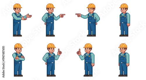 Construction worker pixel art sprite, male, different poses