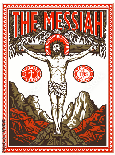 Crucified Jesus Christ on the cross with a halo and crown of thorns, symbolizing sacrifice