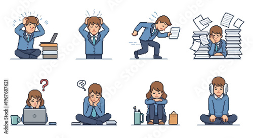 Business Stress and Overwork: Flat Vector Icons of Frustrated People
