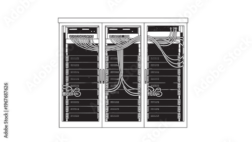 Modern data center server racks with blinking indicator lights and network cables.