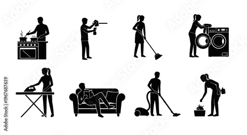 Black and White Silhouettes of People Doing Household Chores