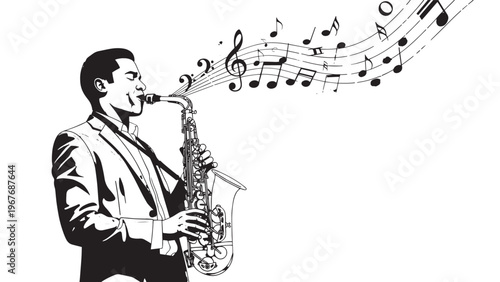 Black and White Illustration of a Man Playing Saxophone with Musical Notes Floating.