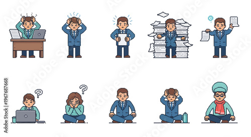 Business Stress Vector Icons: Overworked Man, Deadline, Pressure