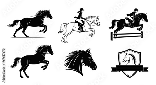 Equestrian Horse Riding Silhouettes Vector Icons Set - Jumping, Galloping  Horse Head Logos