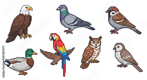 Pixel Art Birds Icon Set: Eagle, Pigeon, Owl, Parrot, Duck, Sparrows