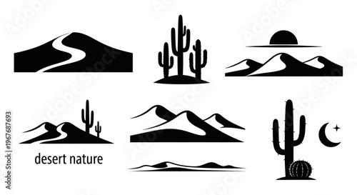 Desert Nature Vector Icons Set: Cacti, Sand Dunes  Arid Landscapes Silhouettes