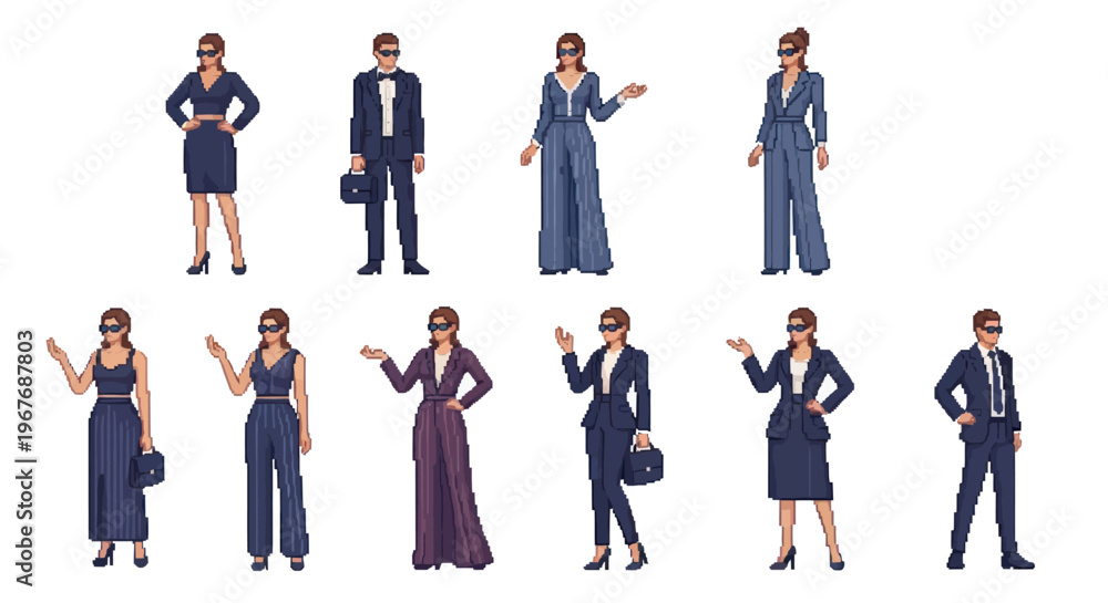 Obraz premium Pixel Art Business Agents Collection with Masks in Corporate Suits and Dresses