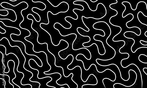 Abstract white organic monoline pattern on black background. minimalist curve line.