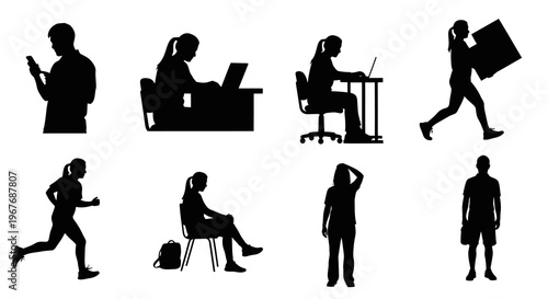 Black and White Silhouettes of People in Various Activities