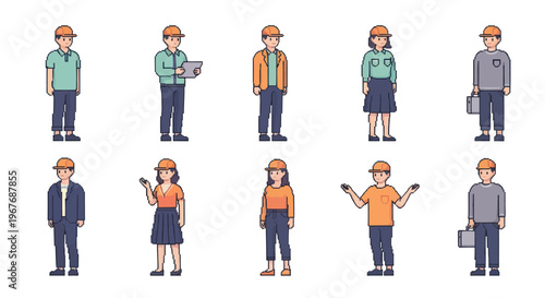 Diverse Construction  Industrial Workers Pixel Art Characters Set