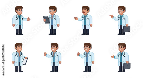 Medical Doctor Pixel Art Character Set: Stethoscope, Clipboard, Briefcase, and Various Poses