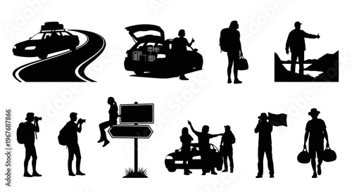 Travel  Tourism Silhouettes: Tourists, Road Trips, Backpackers,  Vacation Elements Vector Set