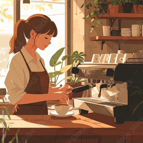 Young barista preparing coffee in a sunlit cafe.