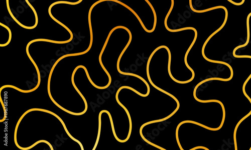 Abstract gold organic monoline pattern on black background. simple doodle line.