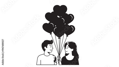 Illustration of a couple holding a bunch of heart-shaped balloons in a romantic setting.