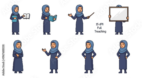 Education flat illustration: Muslim woman teacher character in various poses with books and whiteboard