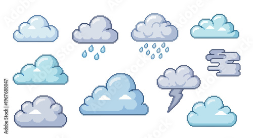 Pixel Art Weather Clouds Icons Set: Rain, Thunder, Wind - Retro Game UI Elements