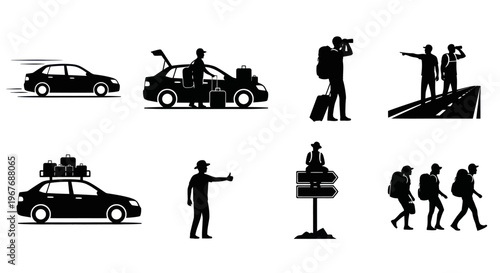 Travel Tourism and Outdoor Adventure Glyph Icons Set - Road Trip, Hikers, Cars Silhouettes