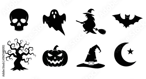 Halloween Black Silhouette Glyphs Vector Icons Set for Spooky Holiday Designs