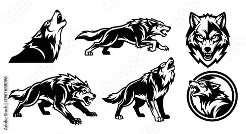 Aggressive Wolf Pack Black  White Vector Art Set for Wildlife, Sports, and Mascot Design