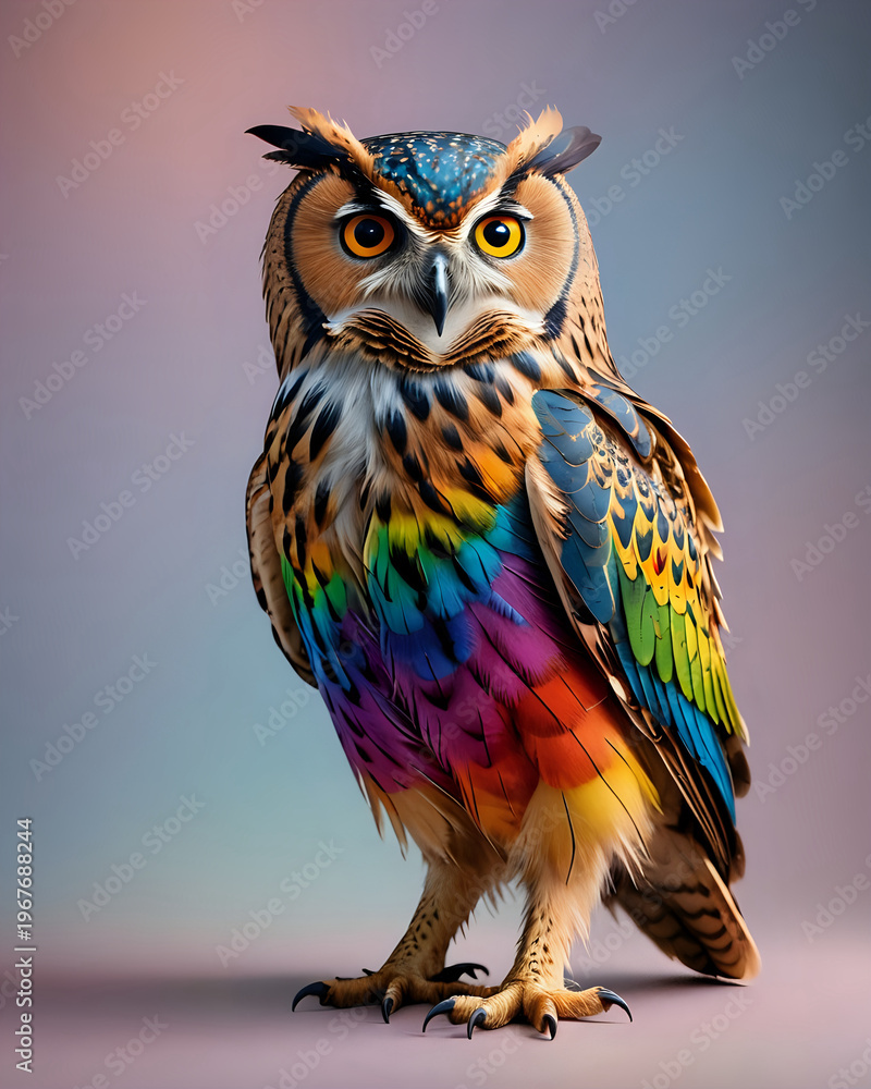 Obraz premium Colorful rainbow owl full body portrait on soft gradient background, vibrant feathers wildlife concept