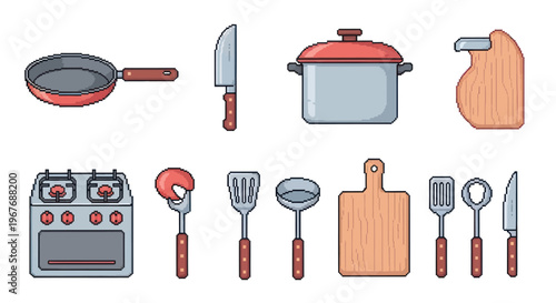 Pixel Art Kitchen and Cooking Utensils, Cookware, and Appliance Icons Set