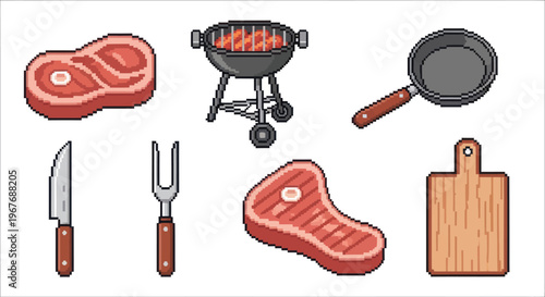 Food Pixel Art Icon Set: BBQ Steak, Grill, Pan  Cooking Utensils for Culinary Design