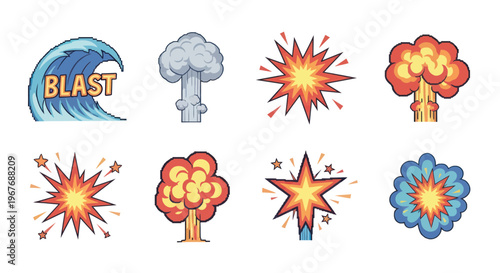 Comic Book Explosion Effects in Cartoon Vector Art Style for Graphic Design