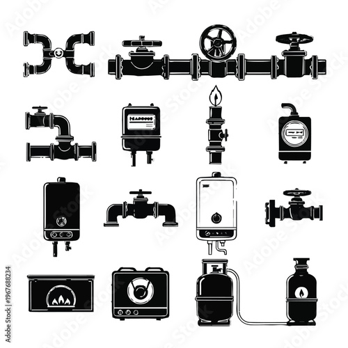 Black and white illustration of various plumbing and pipe fittings