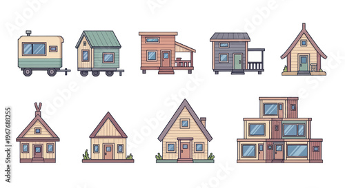 Architecture  Real Estate: Diverse Tiny Houses and Small Homes Outline Flat Vector Set