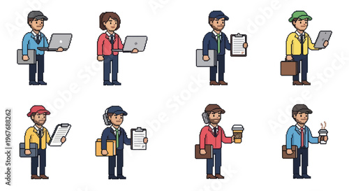 Business People Pixel Art Characters Holding Laptops and Briefcases
