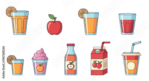 Flat Vector Icons of Fruit Juices and Drinks, Healthy Beverage Icons