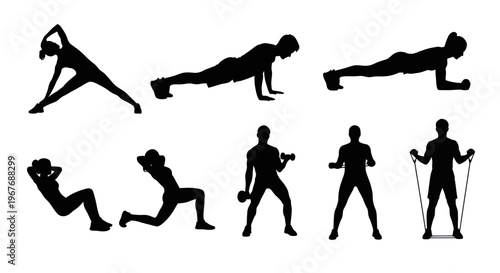 Fitness Gym Workout People Exercises Black Silhouette Vector Set