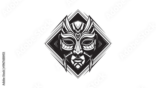 Intricate Black and White Tribal Mask Design with Geometric Patterns.