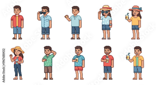 Pixel Art Characters, Summer Vacation, Beach, People, Vector Icons