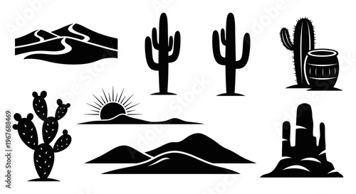 Desert Landscape Icons: Cacti, Dunes, Sun, Barrel, Silhouette